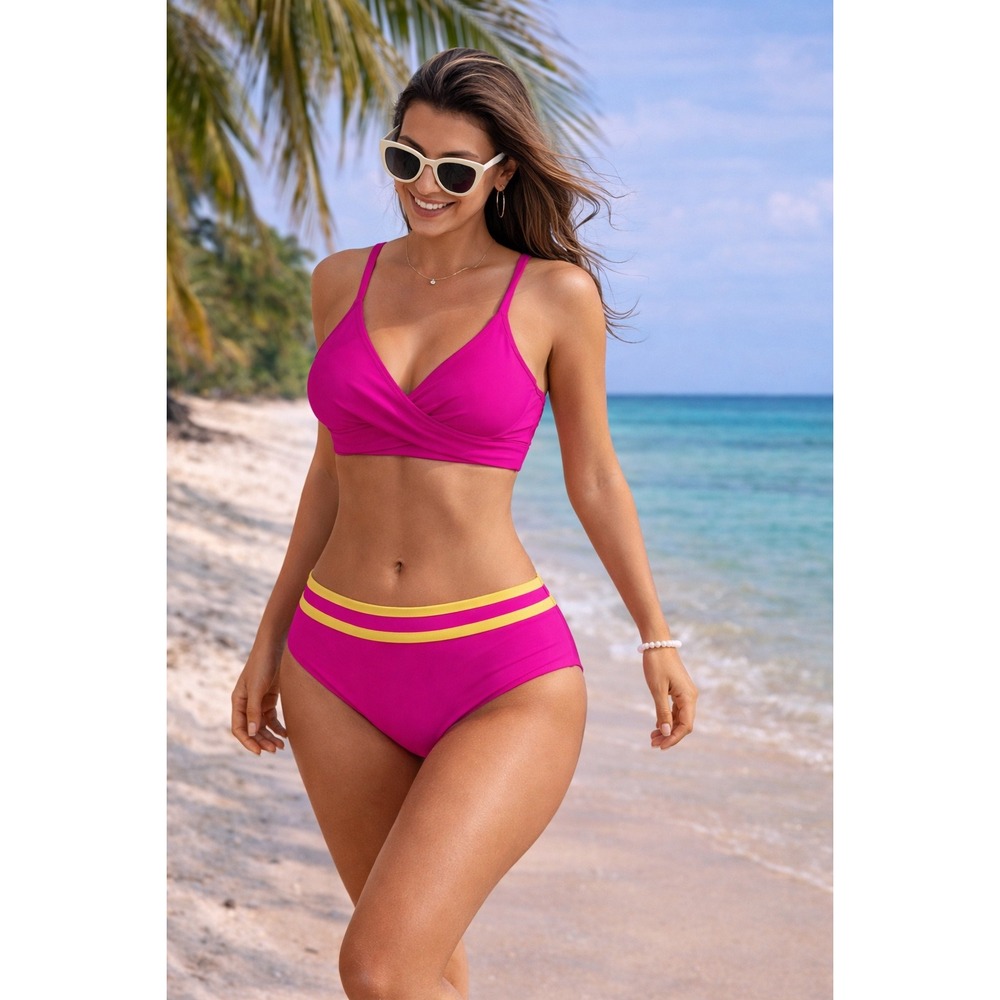 Blooming Jelly Hot Pink Bikini High Waist Two Piece Swimsuit Criss Cross Back